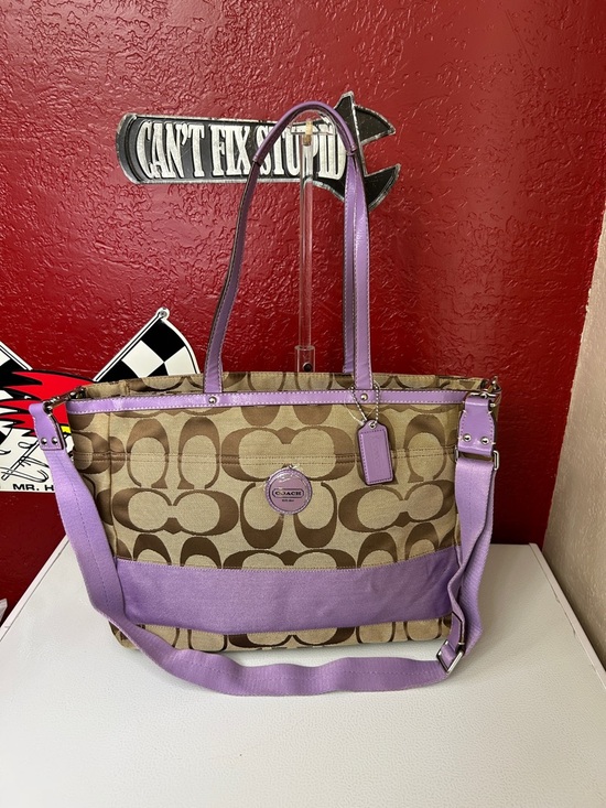 Coach Handbags - Coach Khaki Signature Tote diaper bag  with Lavender Trim